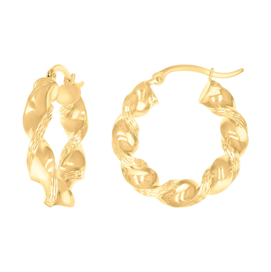 10K Yellow Gold Womens Diamond-cut Twisted Hoop Earrings 5mm