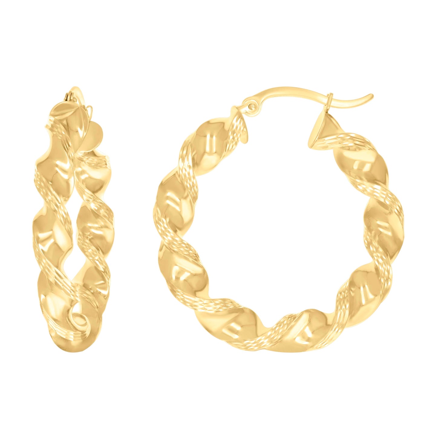 10K Yellow Gold Womens Diamond-cut Twisted Hoop Earrings 5mm