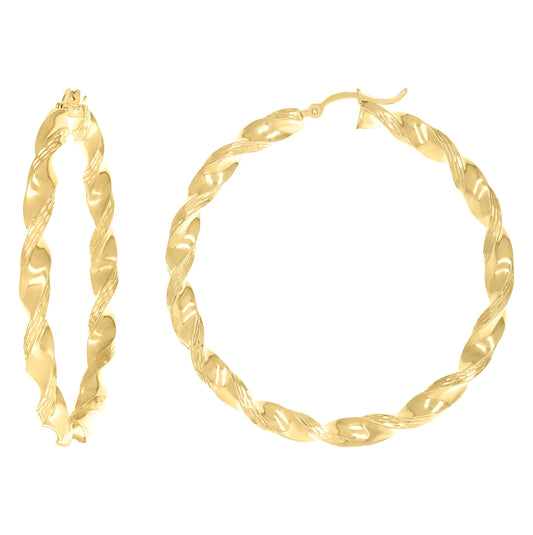 14K Yellow Gold Womens Flat Twisted Tube Hoop Earrings