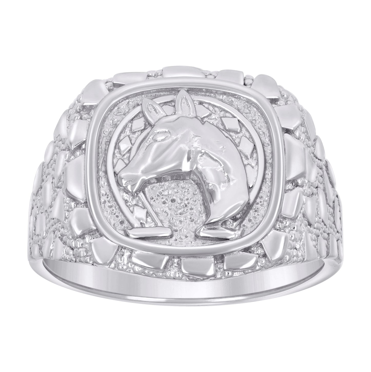 Sterling Silver Mens Nugget Horse Head Horseshoe Good Luck Bridal Anniversary Wedding Engagement Band Ring