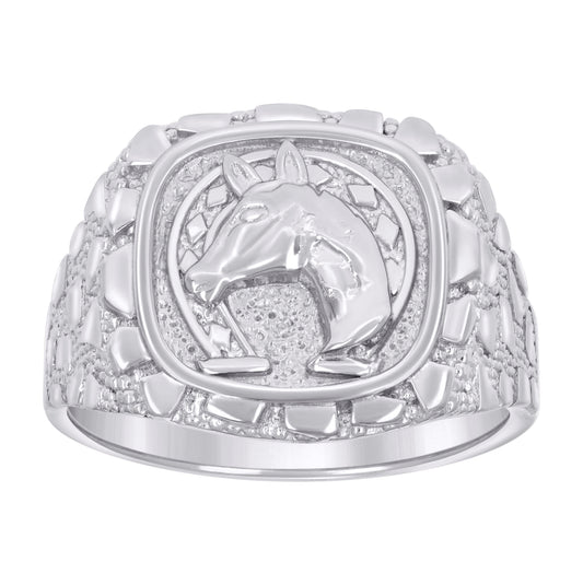 Sterling Silver Mens Nugget Horse Head Horseshoe Good Luck Bridal Anniversary Wedding Engagement Band Ring