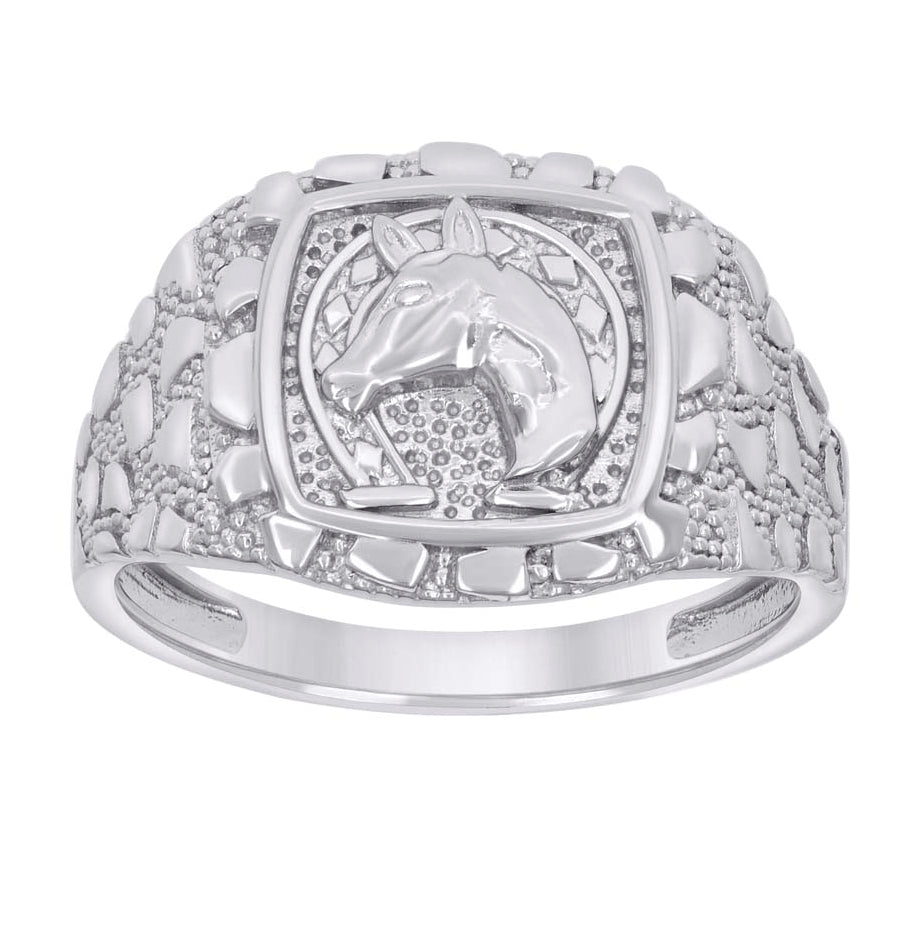 Sterling Silver Men's Nugget Horse Head Horseshoe Good Luck Bridal Anniversary Wedding Engagement Band Ring