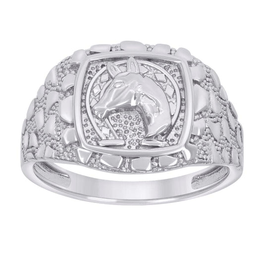 Sterling Silver Men's Nugget Horse Head Horseshoe Good Luck Bridal Anniversary Wedding Engagement Band Ring