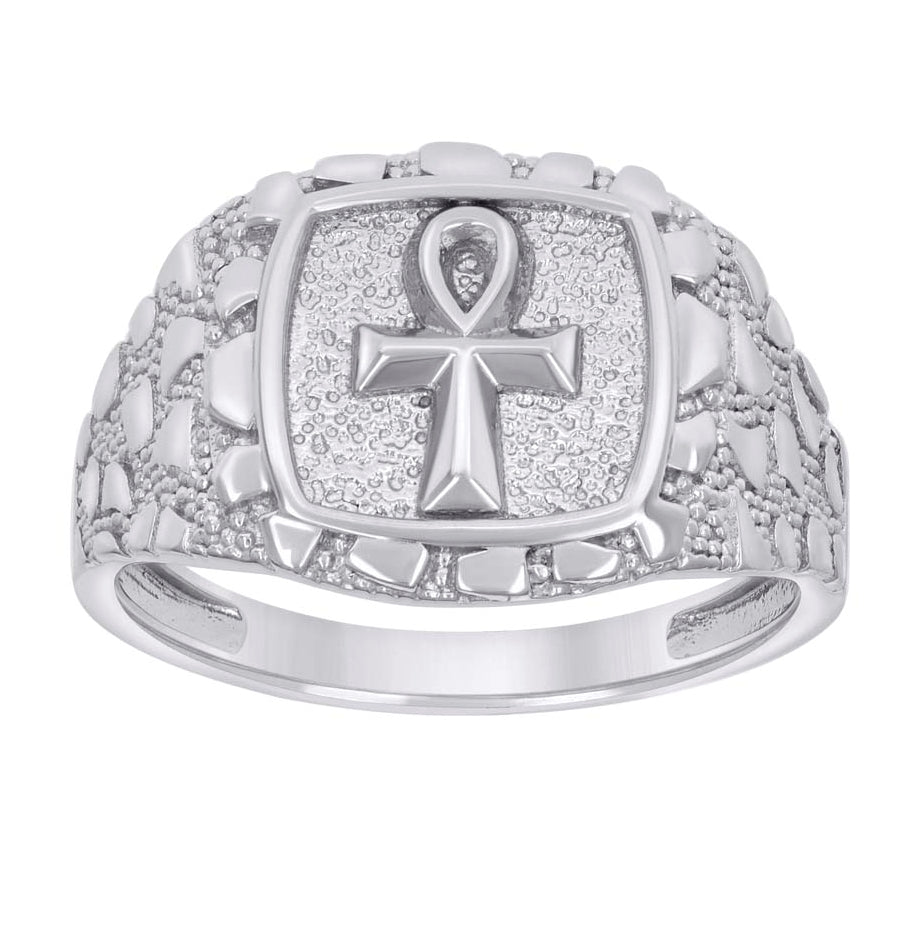 Sterling Silver Mens Nugget Egyptian Ankh Cross Religious Bridal Anniversary Wedding Engagement Band Ring