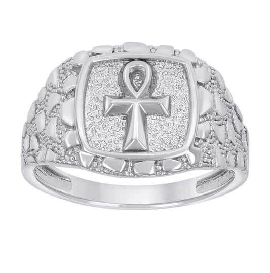 Sterling Silver Mens Nugget Egyptian Ankh Cross Religious Bridal Anniversary Wedding Engagement Band Ring