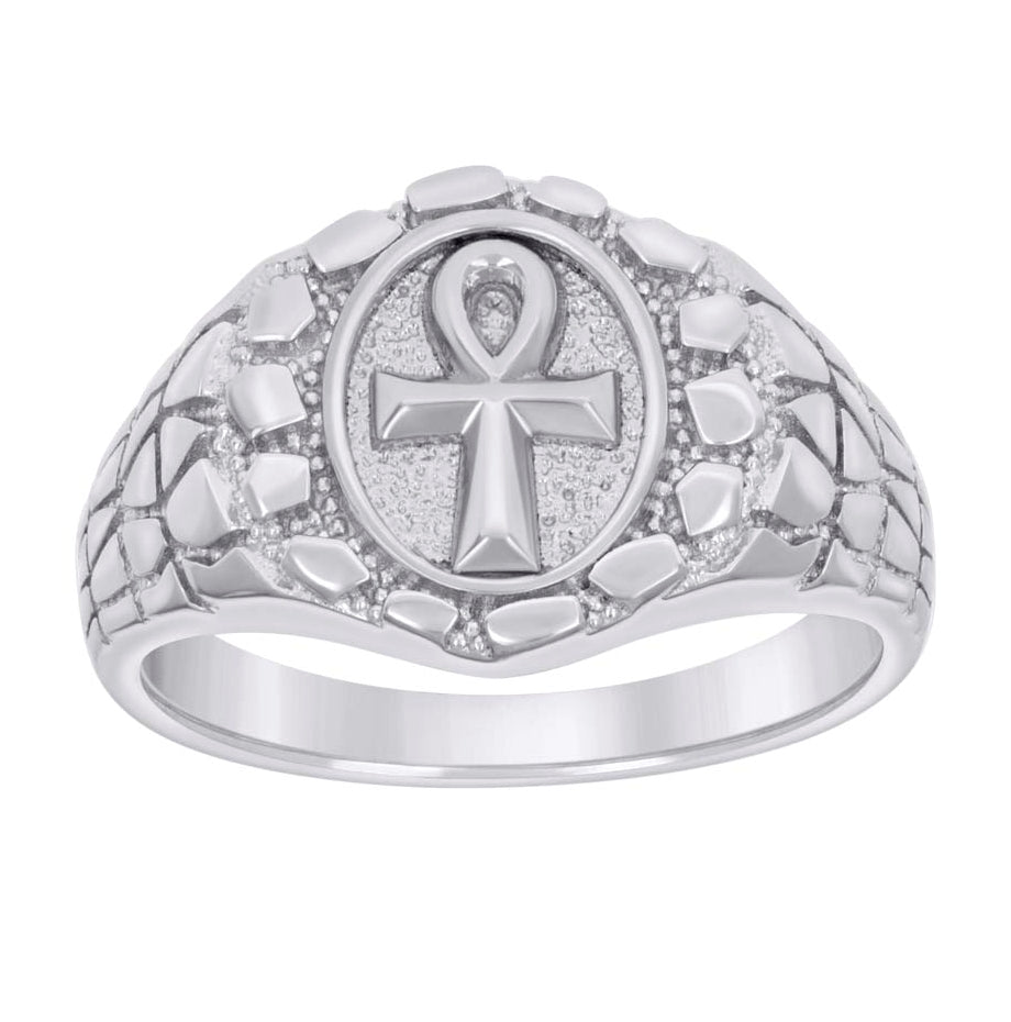 Sterling Silver Men's Nugget Egyptian Ankh Cross Religious Bridal Anniversary Wedding Engagement Band Ring