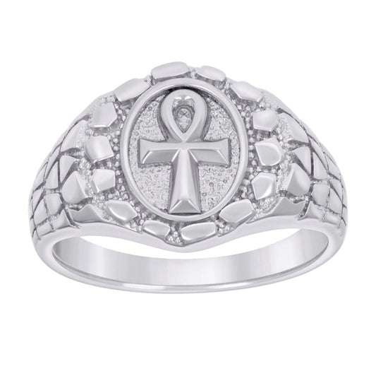 Sterling Silver Men's Nugget Egyptian Ankh Cross Religious Bridal Anniversary Wedding Engagement Band Ring