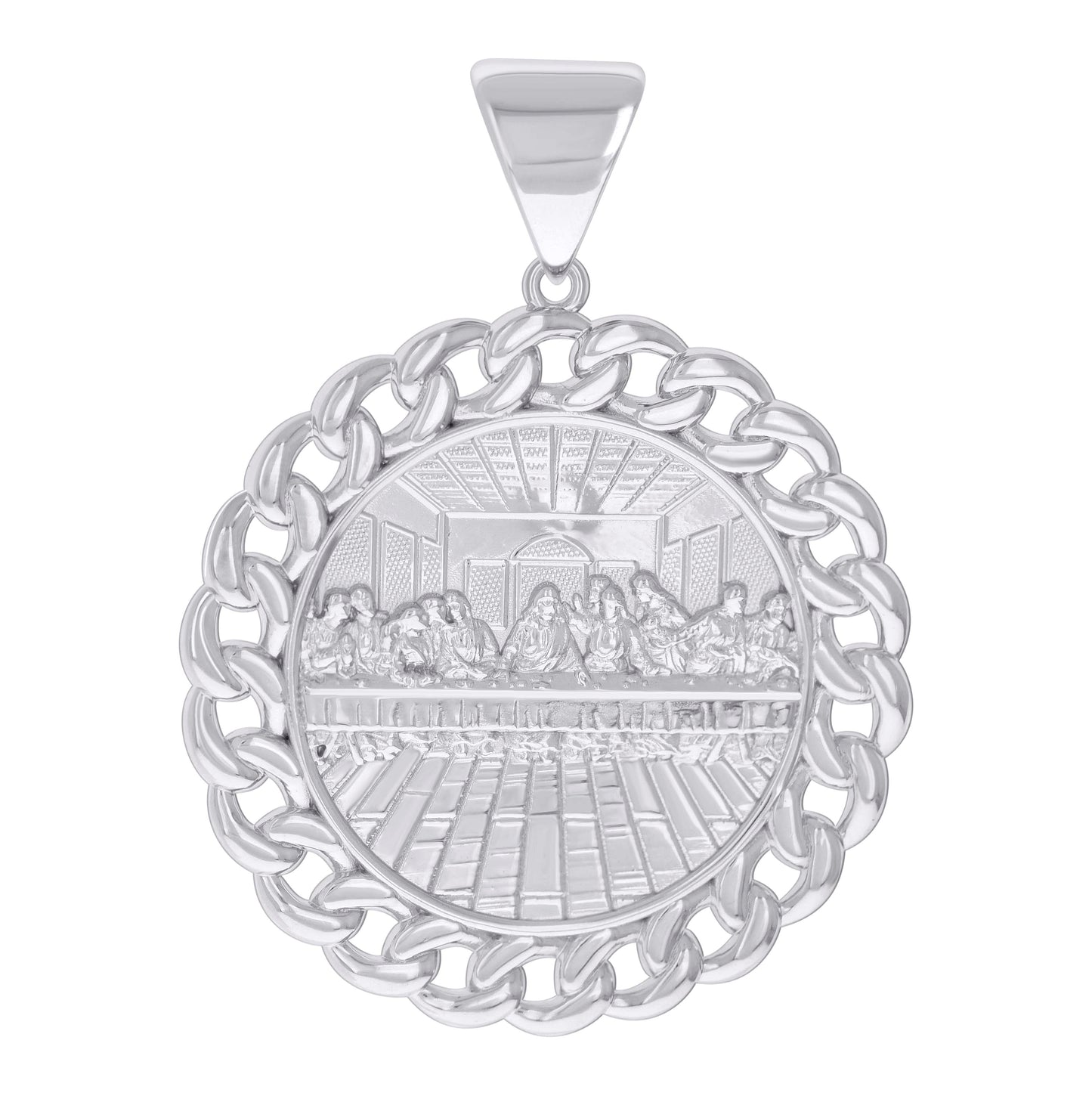 Sterling Silver Mens Cuban Border Last Supper Religious Charm Pendant