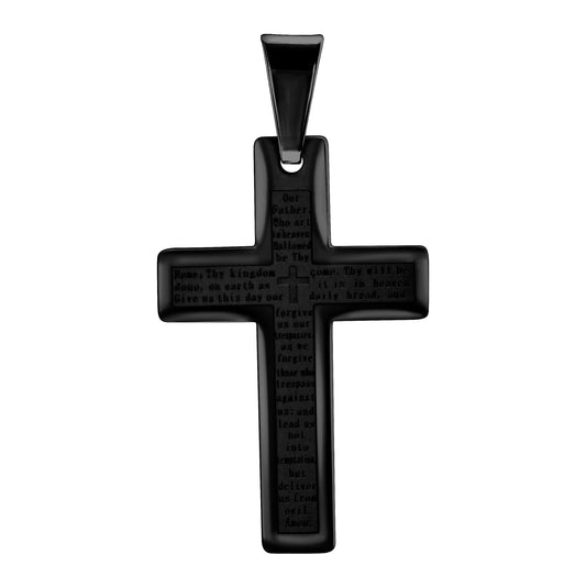 Stainless Steel Black-tone Mens Lord's Prayer Cross Religious Charm Pendant