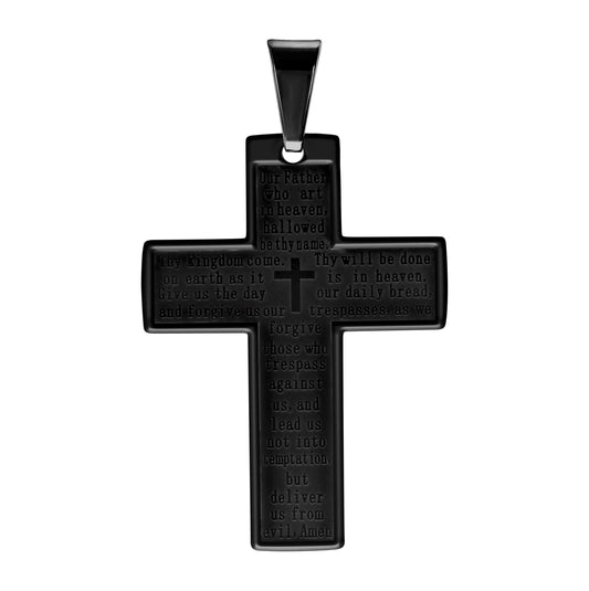 Stainless Steel Black-tone Mens Lord's Prayer Cross Religious Charm Pendant