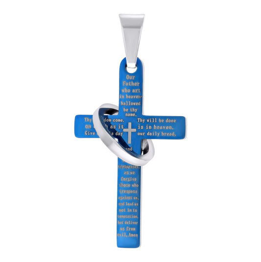 Stainless Steel Blue-tone Mens Halo Ring Lord's Prayer Cross Religious Charm Pendant