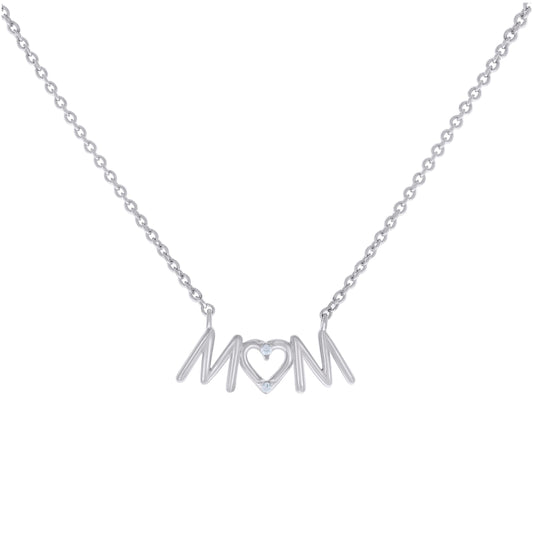 Sterling Silver Womens Cubic-Zirconia Heart MOM Charm Necklace Size 16 Inches