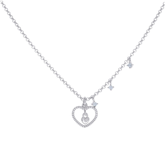 Sterling Silver Womens Cubic-Zirconia Love Heart Charm Necklace Size 16 Inches