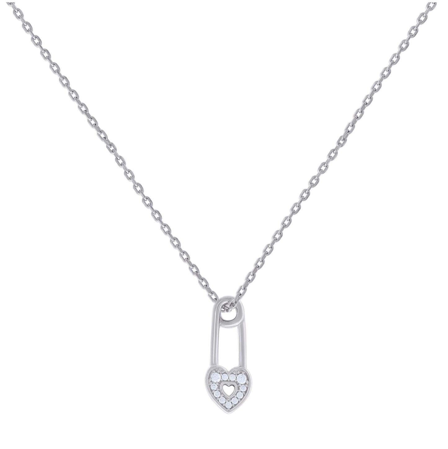 Sterling Silver Womens Cubic-Zirconia Heart Lock Charm Necklace Size 16 Inches