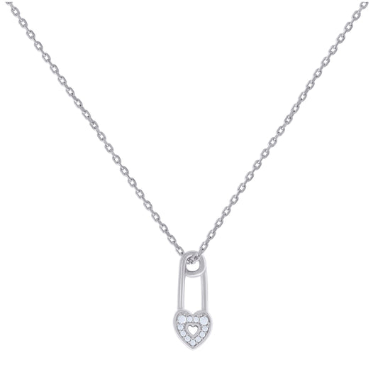 Sterling Silver Womens Cubic-Zirconia Heart Lock Charm Necklace Size 16 Inches