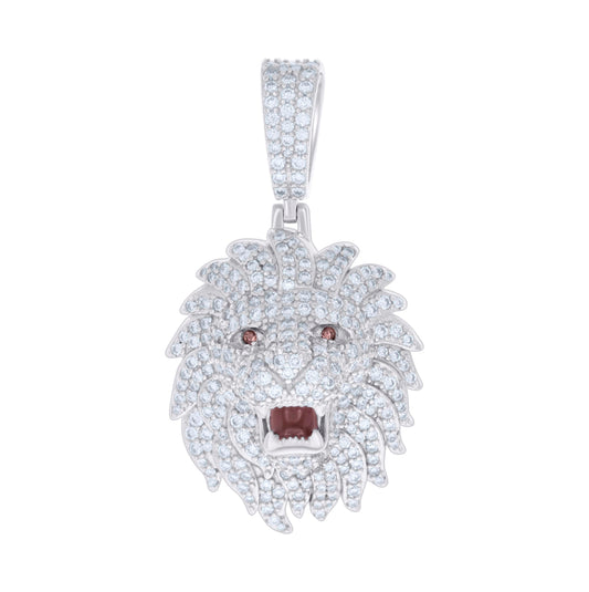 Sterling Silver Mens 2.81 Cttw Moissanite With Red Cubic-Zirconia Leo/Lion Head Zodiac Sign/Wildlife Charm Pendant