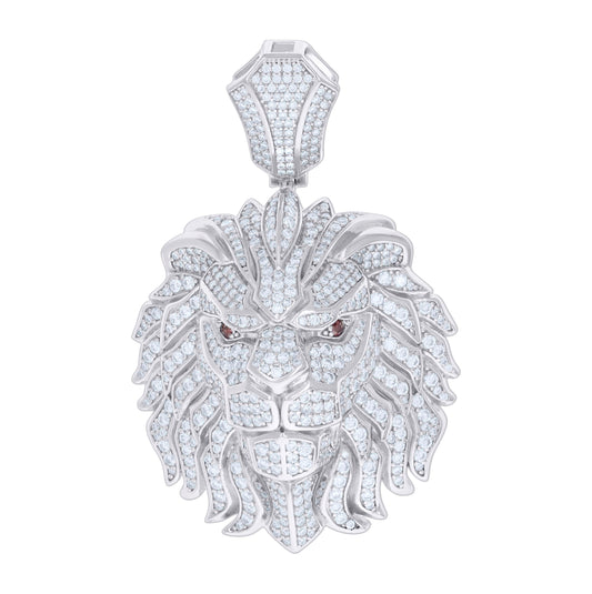 Sterling Silver Mens 7.15 Cttw Moissanite With Red Cubic-Zirconia Leo/Lion Head Zodiac Sign/Wildlife Charm Pendant