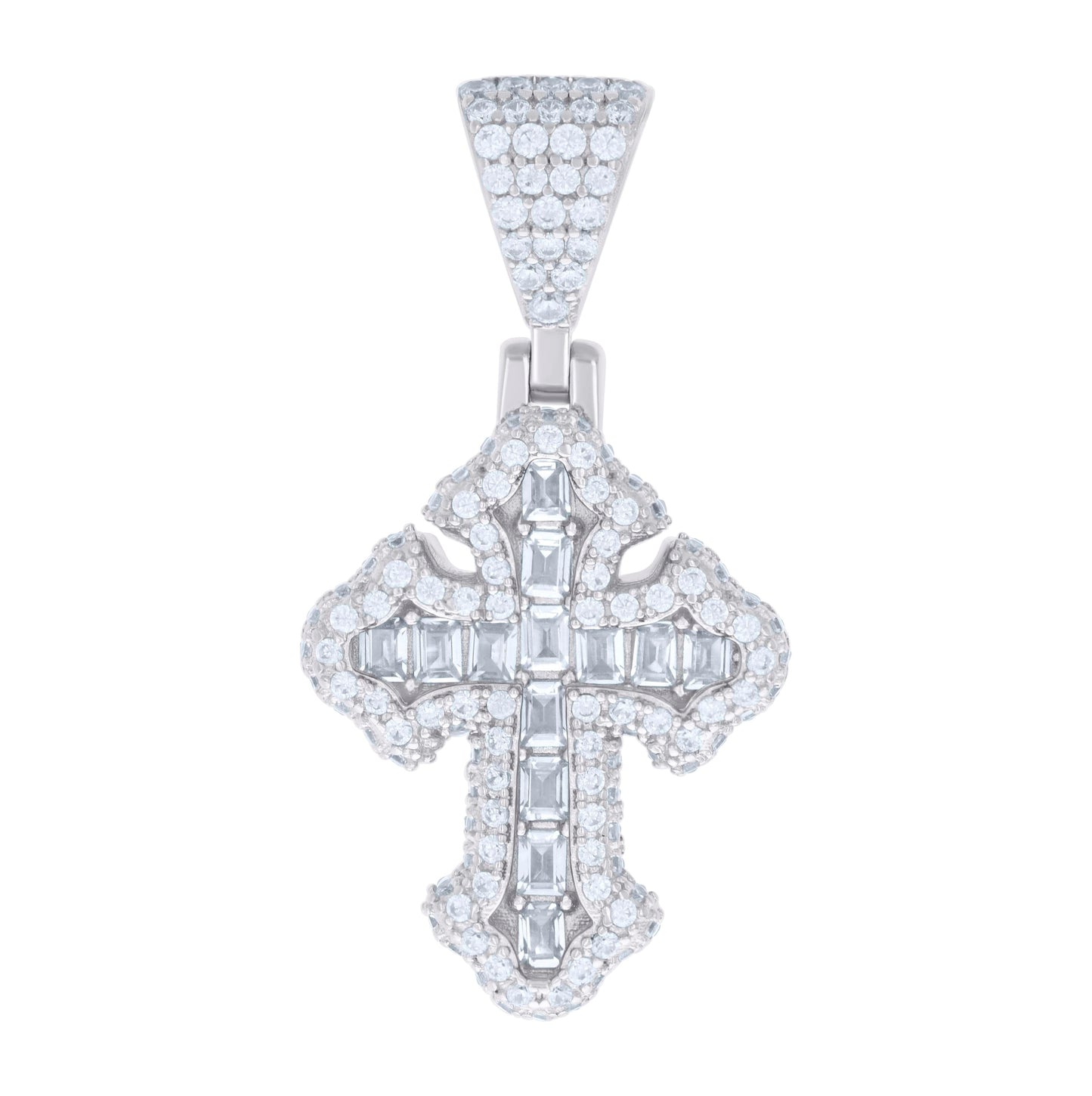 Sterling Silver Mens Baguette Round Cubic-Zirconia Cross Religious Charm Pendant