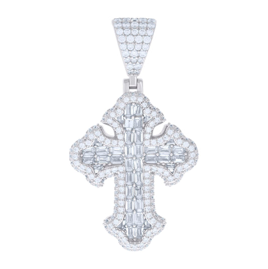 Sterling Silver Mens Baguette Round Cubic-Zirconia Cross Religious Charm Pendant
