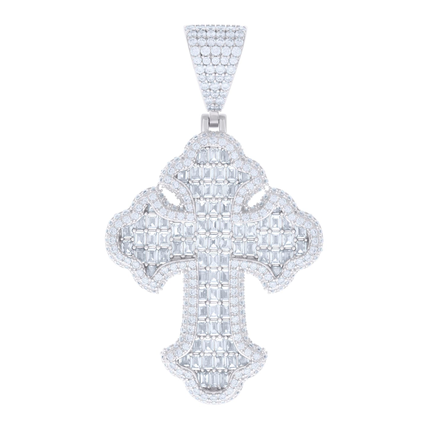 Sterling Silver Mens Baguette Round Cubic-Zirconia Cross Religious Charm Pendant