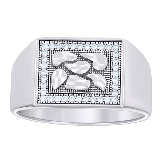 Sterling Silver Mens Cubic-Zirconia Nugget Square Head Fashion Bridal Anniversary Wedding Engagement Band Ring