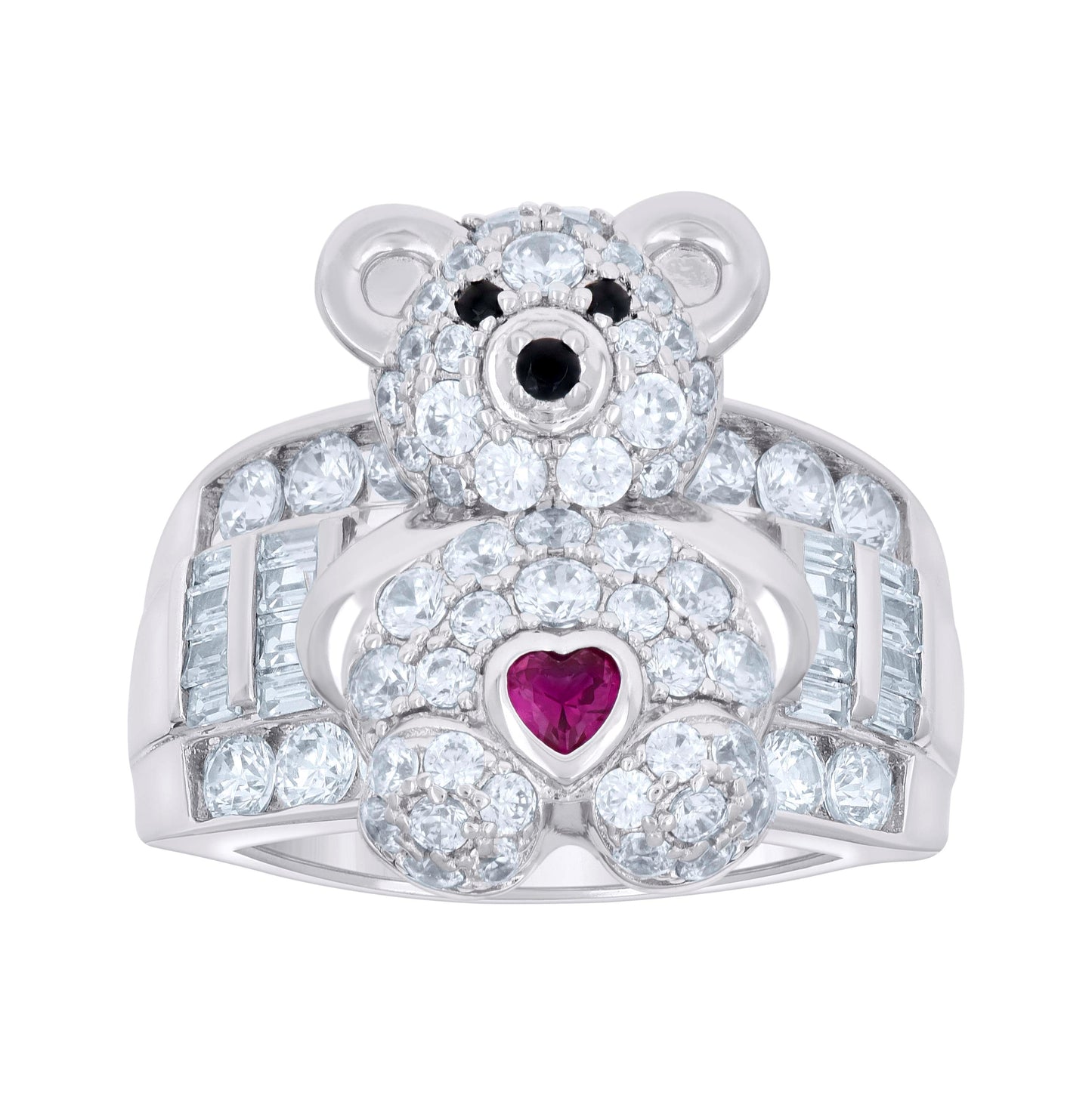 Sterling Silver Womens Pink/Black White Baguette/Heart Round Cubic-Zirconia Teddy Bear Heart Bridal Anniversary Wedding Engagement Band Ring