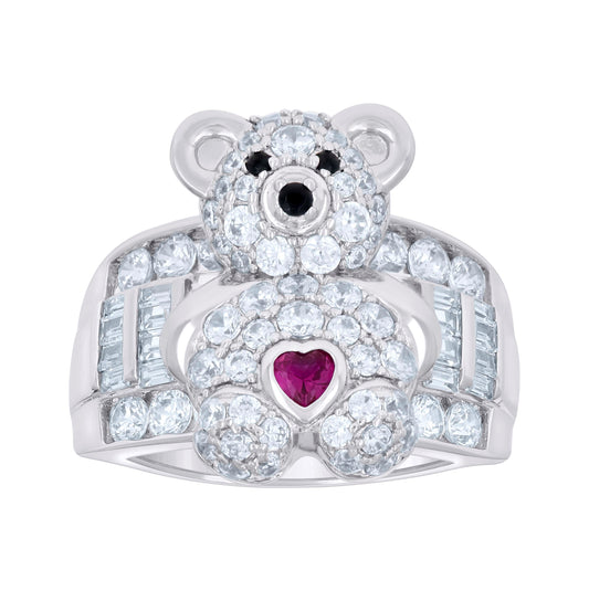 Sterling Silver Womens Pink/Black White Baguette/Heart Round Cubic-Zirconia Teddy Bear Heart Bridal Anniversary Wedding Engagement Band Ring