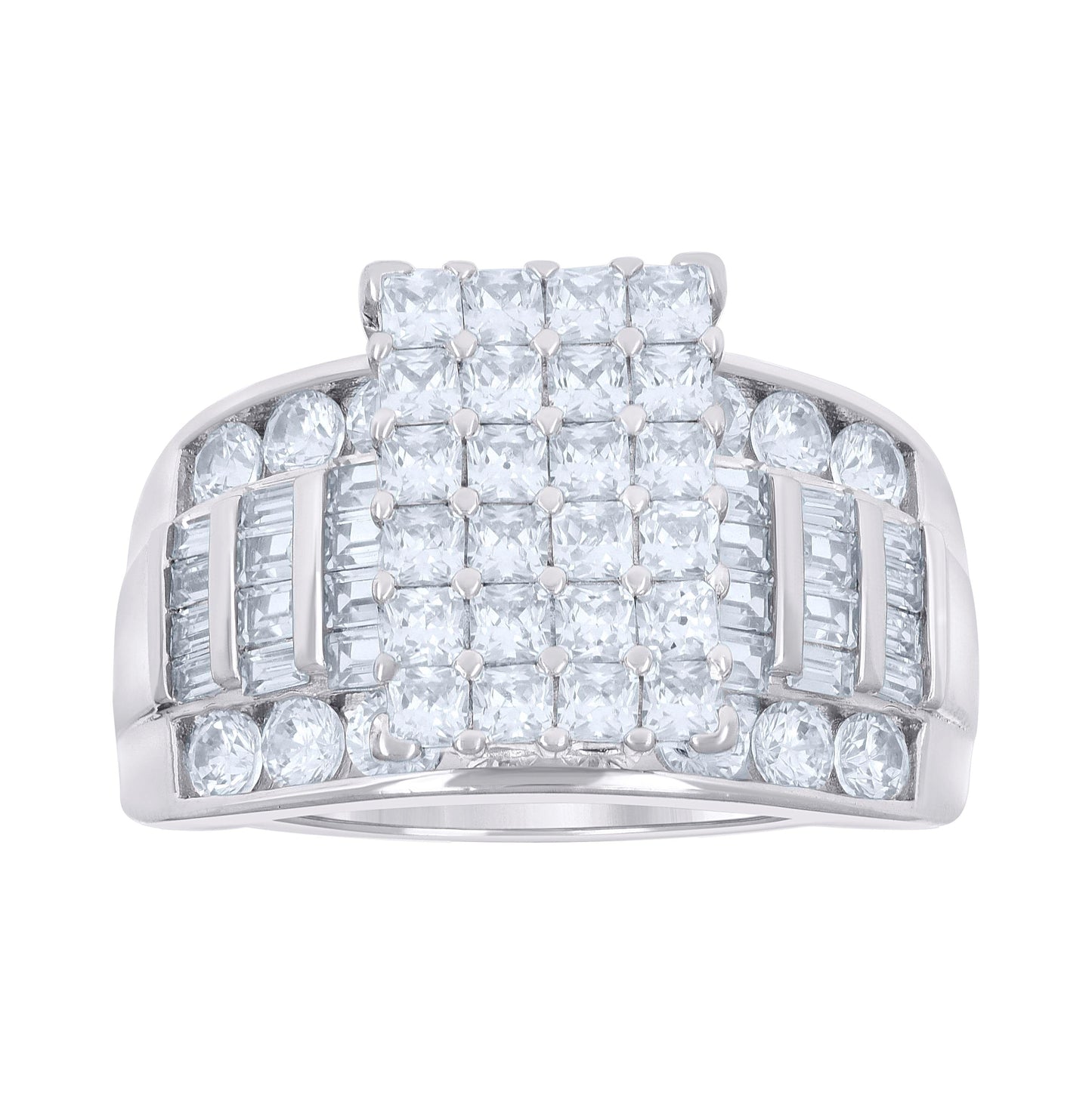 Sterling Silver Womens Baguette/Princess-cut Round Cubic-Zirconia Fashion Bridal Anniversary Wedding Engagement Band Ring