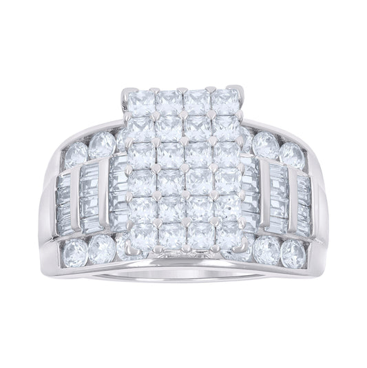 Sterling Silver Womens Baguette/Princess-cut Round Cubic-Zirconia Fashion Bridal Anniversary Wedding Engagement Band Ring