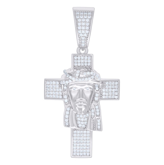 Sterling Silver Mens 1.06ct Moissanite Jesus Cross Religious Charm Pendant
