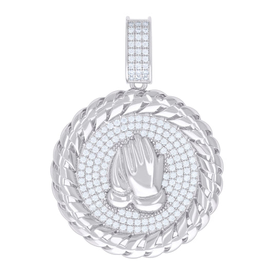 Sterling Silver Mens 1.57ct Moissanite Praying Hands Symbol Religious Charm Pendant