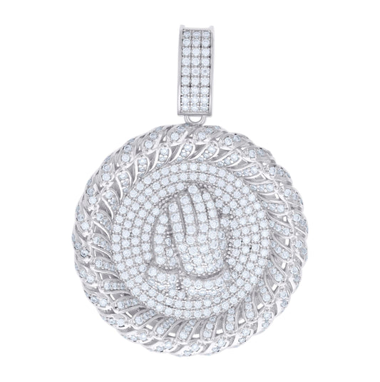 Sterling Silver Mens 3.18 Cttw Moissanite Medallion Praying Hands Symbol Religious Charm Pendant