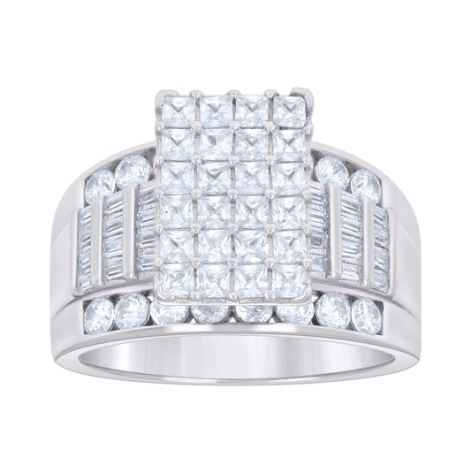 Sterling Silver Womens Baguette 1.96ct Round 1.13ct Moissanite Cinderella Bridal Anniversary Wedding Engagement Band Ring
