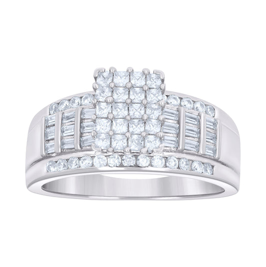 Sterling Silver Womens Baguette 0.95ct Round 0.33ct Moissanite Cinderella Bridal Anniversary Wedding Engagement Band Ring