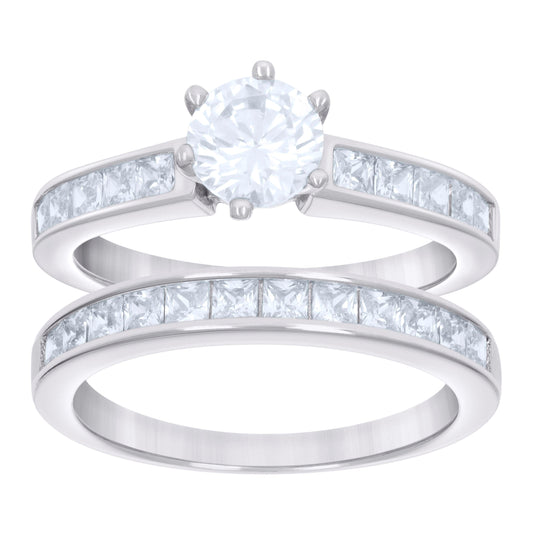 Sterling Silver Womens Round Princess-cut Moissanite Bridal Anniversary Engagement Wedding Duo Ring Set Ring
