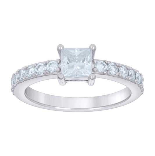 Sterling Silver Womens 1.00ct Baguette 0.82ct Round Moissanite Fashion Bridal Anniversary Engagement Wedding Ring