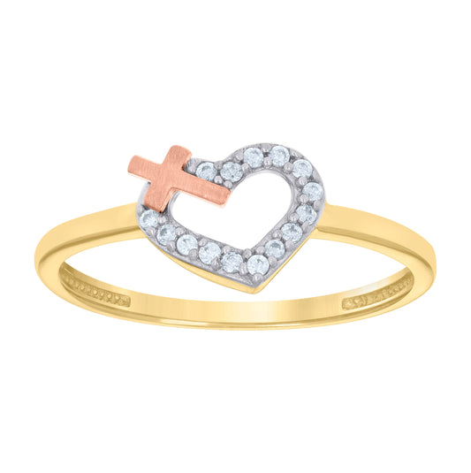 10K Tri-Color Gold Womens Cubic-Zirconia Cross Heart Ring