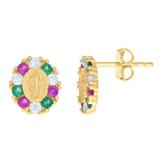 10K Yellow Gold Womens Green/Pink White Cubic-Zirconia Oval Guadalupe Religious Stud Earrings