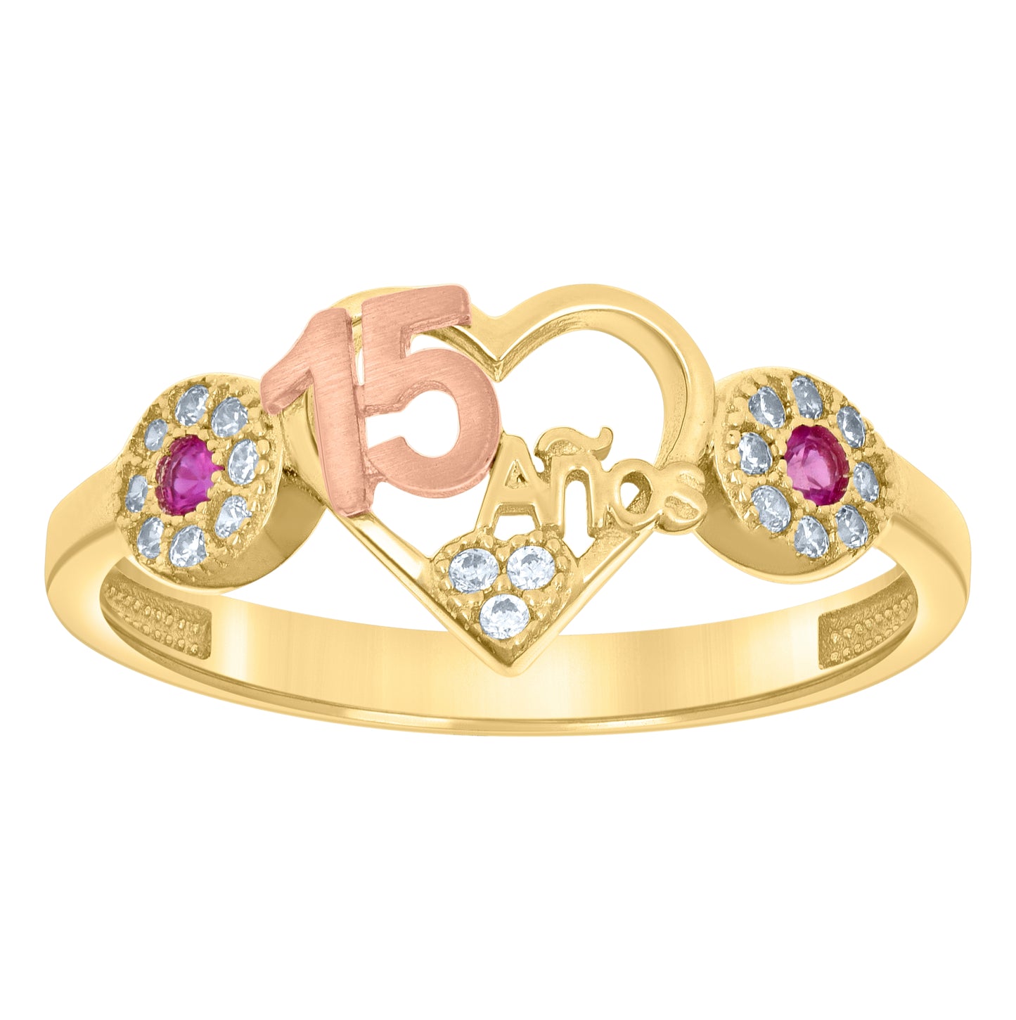 14K Two-tone Gold Womens Pink White Cubic-Zirconia Heart Anos 15 Quinceanera Ring