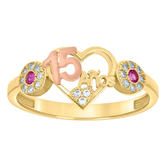14K Two-tone Gold Womens Pink White Cubic-Zirconia Heart Anos 15 Quinceanera Ring