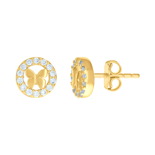 14K Yellow Gold Womens Cubic-Zirconia Butterfly In Circle Fashion Stud Earrings