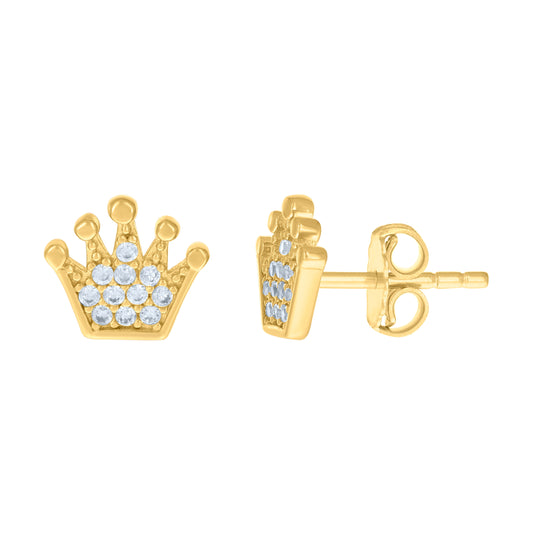 14K Yellow Gold Womens Cubic-Zirconia Crown Fashion Stud Earrings