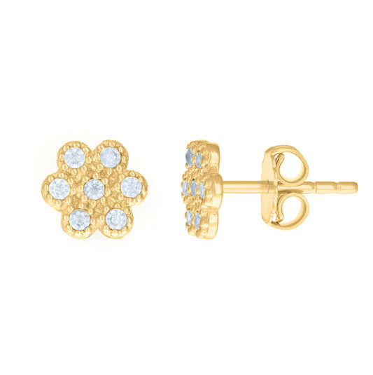 14K Yellow Gold Womens Cubic-Zirconia Flower Fashion Stud Earrings