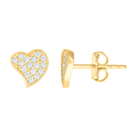 14K Yellow Gold Womens Cubic-Zirconia Heart Stud Earrings