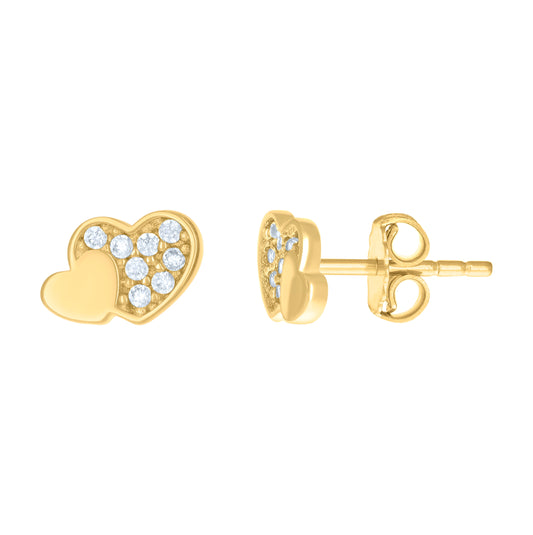 14K Yellow Gold Womens Double Hearts Stud Earrings