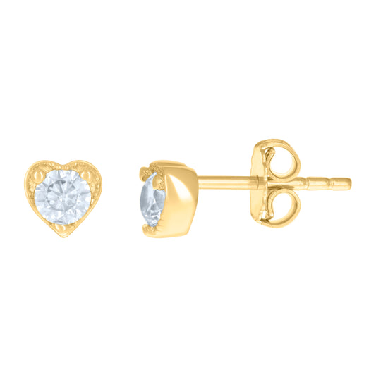 14K Yellow Gold Womens Cubic-Zirconia Heart Stud Earrings