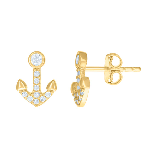 14K Yellow Gold Womens Cubic-Zirconia Anchor Ocean Stud Earrings