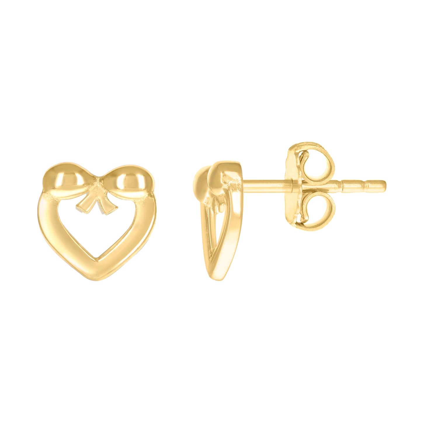 14K Yellow Gold Womens Bow Heart Stud Earrings