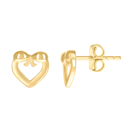 14K Yellow Gold Womens Bow Heart Stud Earrings