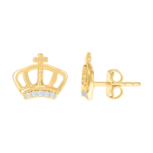 14K Yellow Gold Womens Cubic-Zirconia Crown Fashion Stud Earrings